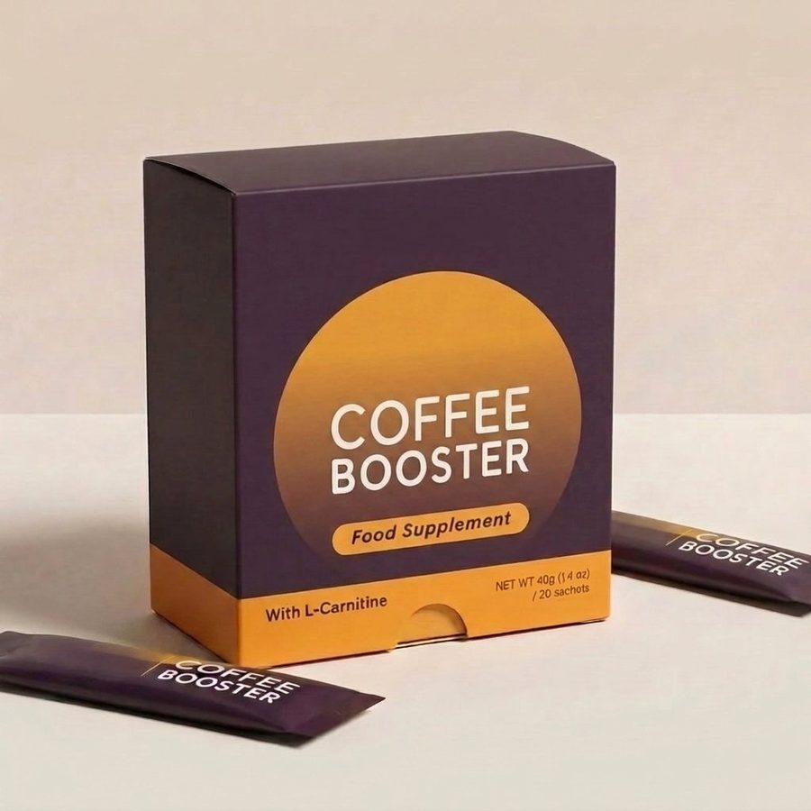 Plum and amber Coffee Booster box with two packets standing in front of it