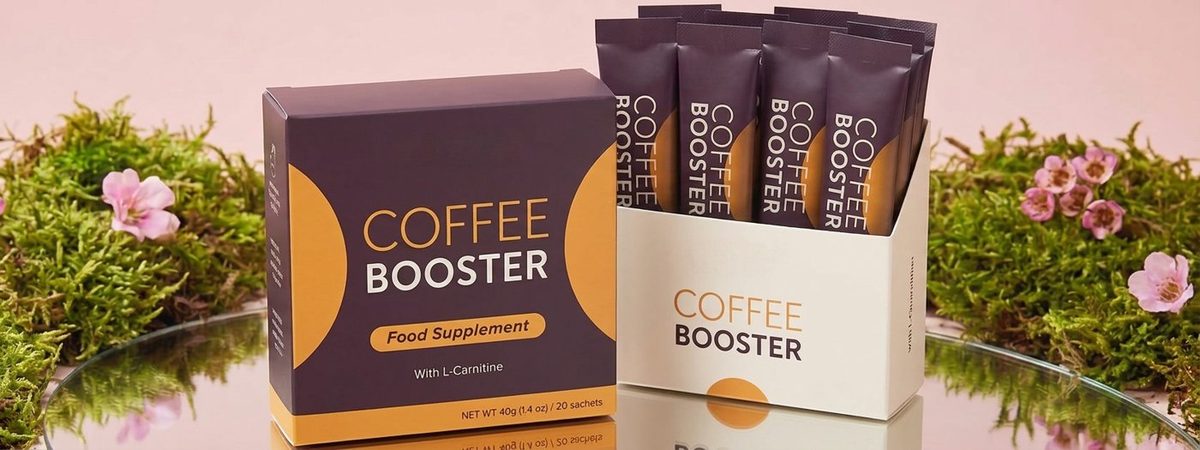 Open Coffee Booster box with pre-measured packets lined up beside it