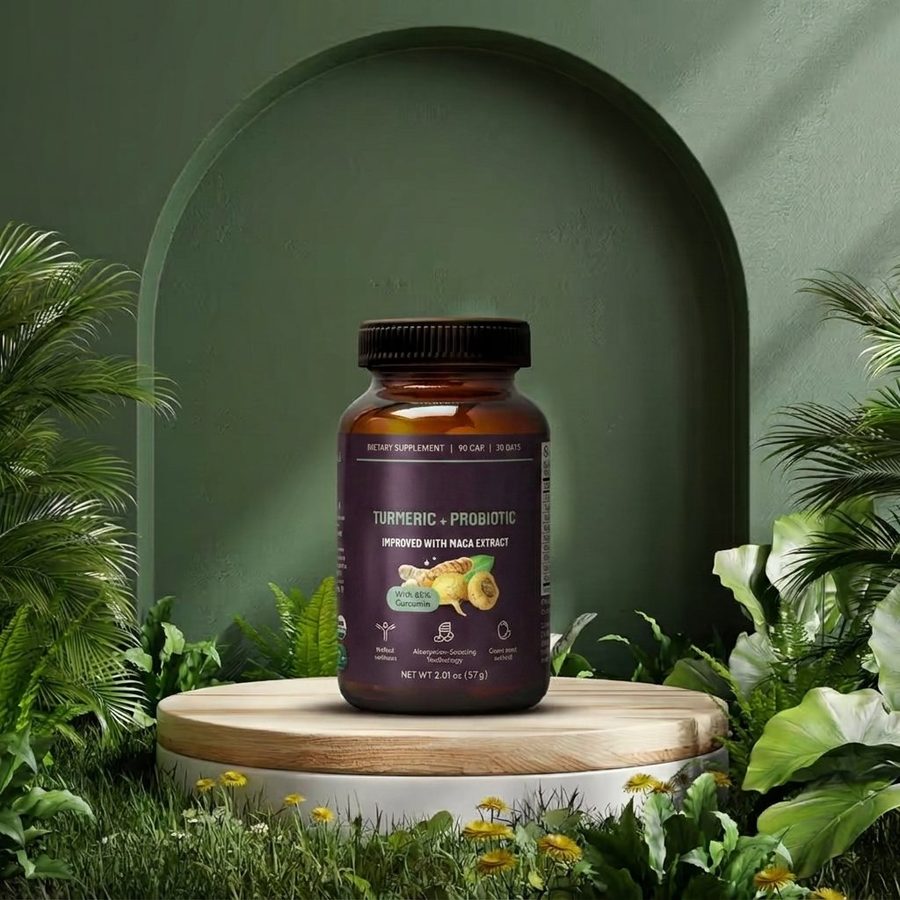 Amber Elvuma Turmeric + Probiotic bottle on a wooden stand surrounded by greenery