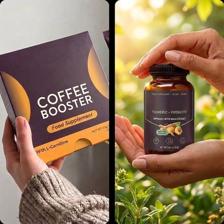 Elvuma Coffee Booster box and Turmeric + Probiotic bottle held in one hand