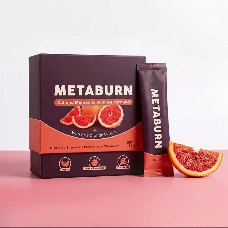 Plum and coral MetaBurn box with a single stick pack and a red orange wedge