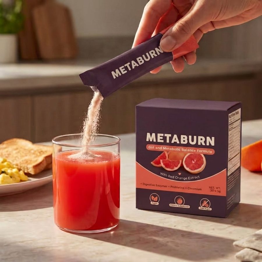 MetaBurn packet being poured into a glass of red orange juice next to the box